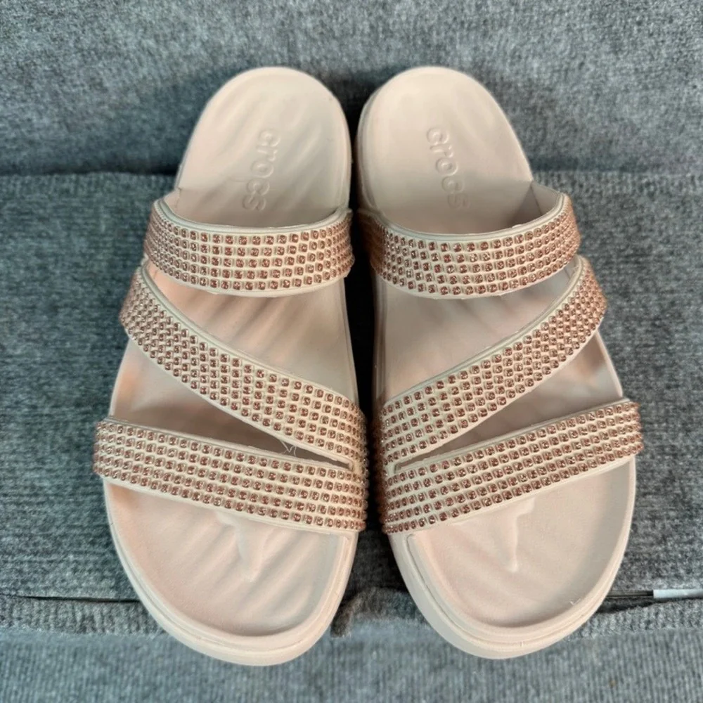 Crocs Brooklyn Strappy Low Wedge Sandals Rhinestone Blush Pink Nude Womens 9